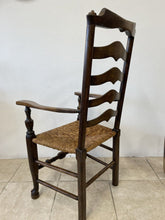 Load image into Gallery viewer, Large Rustic Antique Georgian Elm Ladderback Carver Armchair With Rush Seat