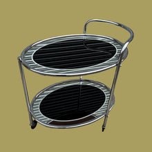 Load image into Gallery viewer, Original 1950s Art Deco Black &amp; Mirror Chrome Cocktail Drinks Trolley Savoy