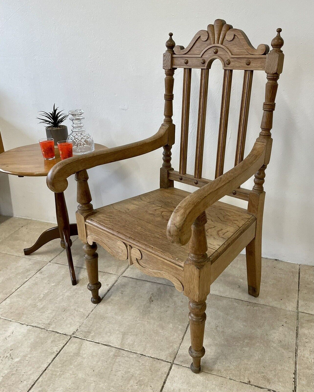 Large Antique Victorian Stripped Oak Armchair Throne