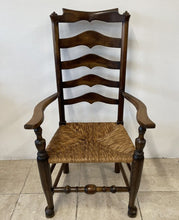 Load image into Gallery viewer, Large Rustic Antique Georgian Elm Ladderback Carver Armchair With Rush Seat