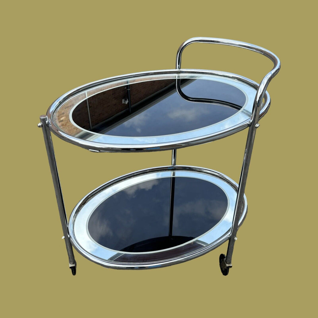 Original 1950s Art Deco Black & Mirror Chrome Cocktail Drinks Trolley Savoy