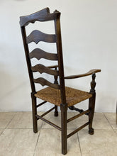 Load image into Gallery viewer, Large Rustic Antique Georgian Elm Ladderback Carver Armchair With Rush Seat