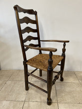 Load image into Gallery viewer, Large Rustic Antique Georgian Elm Ladderback Carver Armchair With Rush Seat