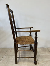 Load image into Gallery viewer, Large Rustic Antique Georgian Elm Ladderback Carver Armchair With Rush Seat