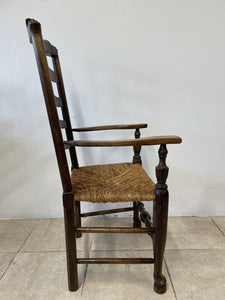 Large Rustic Antique Georgian Elm Ladderback Carver Armchair With Rush Seat