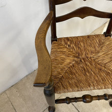 Load image into Gallery viewer, Large Rustic Antique Georgian Elm Ladderback Carver Armchair With Rush Seat