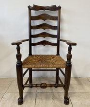 Load image into Gallery viewer, Large Rustic Antique Georgian Elm Ladderback Carver Armchair With Rush Seat