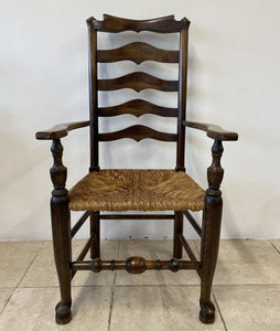 Large Rustic Antique Georgian Elm Ladderback Carver Armchair With Rush Seat