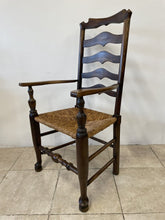 Load image into Gallery viewer, Large Rustic Antique Georgian Elm Ladderback Carver Armchair With Rush Seat