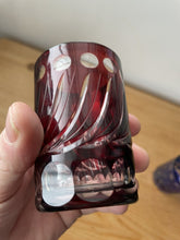 Load image into Gallery viewer, 2 Small Cobalt Blue &amp; Cranberry Red Hand Cut To Clear Glass Tumbler Spirit Glass