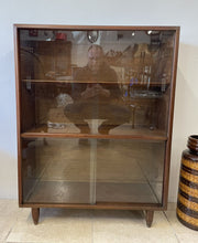 Load image into Gallery viewer, Small Mid Century Dark Stained Teak Glazed Bookcase Display Cabinet