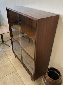 Small Mid Century Dark Stained Teak Glazed Bookcase Display Cabinet