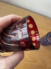 Load image into Gallery viewer, 2 Small Cobalt Blue &amp; Cranberry Red Hand Cut To Clear Glass Tumbler Spirit Glass