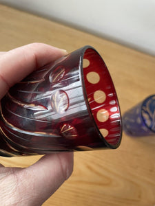 2 Small Cobalt Blue & Cranberry Red Hand Cut To Clear Glass Tumbler Spirit Glass