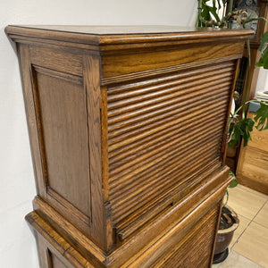 Stunning Antique Edwardian Amberg Oak Filing Cabinet With Roll Top Doors