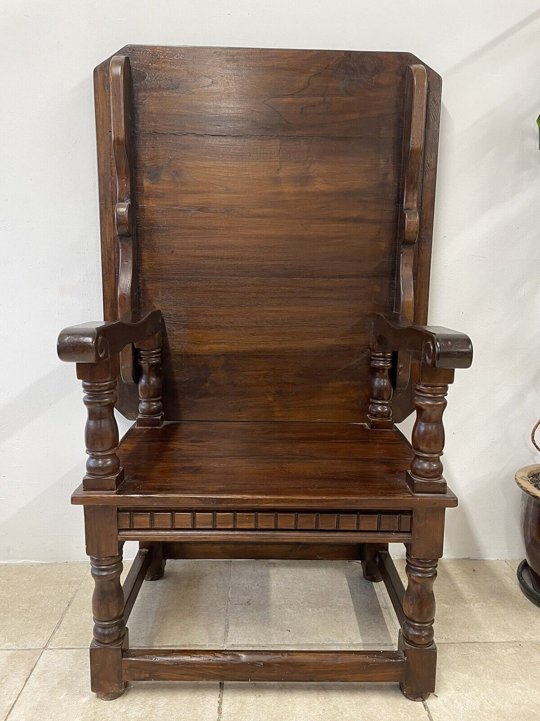 Large Solid Elm Monks Bench Armchair Throne Dining Table Jacobean Style