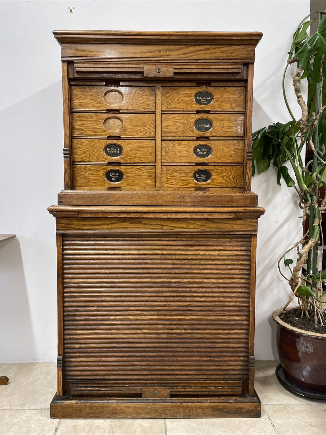 Stunning Antique Edwardian Amberg Oak Filing Cabinet With Roll Top Doors