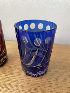 2 Small Cobalt Blue & Cranberry Red Hand Cut To Clear Glass Tumbler Spirit Glass