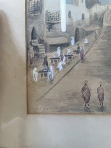 2x Vintage Drawings Watercolours Of Cairo? Street J P Davidson 1935