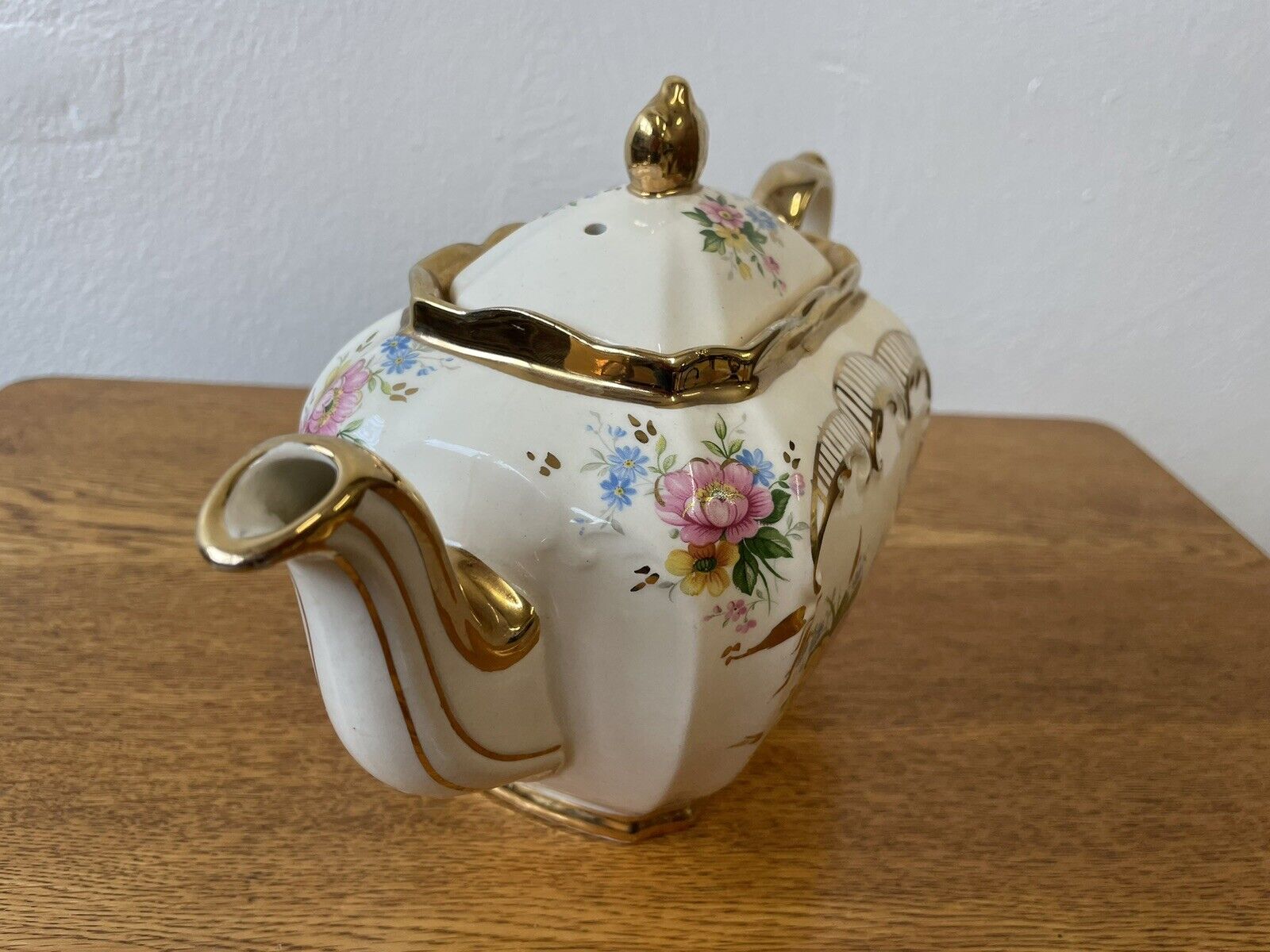 Miniature Teapot - Vintage - White with Gold Trim - Pink Roses - Green  Leaves - Golden Spoon - 2'' High