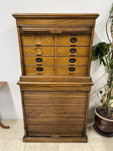 Stunning Antique Edwardian Amberg Oak Filing Cabinet With Roll Top Doors