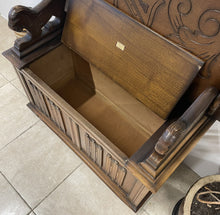 Load image into Gallery viewer, Vintage Oak Monks Bench Chest Table Hall Seat With Lion Carvings