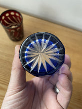 Load image into Gallery viewer, 2 Small Cobalt Blue &amp; Cranberry Red Hand Cut To Clear Glass Tumbler Spirit Glass