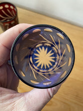 Load image into Gallery viewer, 2 Small Cobalt Blue &amp; Cranberry Red Hand Cut To Clear Glass Tumbler Spirit Glass