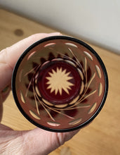 Load image into Gallery viewer, 2 Small Cobalt Blue &amp; Cranberry Red Hand Cut To Clear Glass Tumbler Spirit Glass