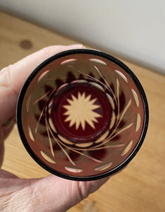 2 Small Cobalt Blue & Cranberry Red Hand Cut To Clear Glass Tumbler Spirit Glass