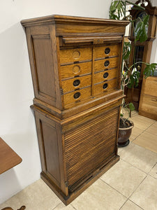 Stunning Antique Edwardian Amberg Oak Filing Cabinet With Roll Top Doors