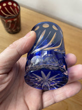 Load image into Gallery viewer, 2 Small Cobalt Blue &amp; Cranberry Red Hand Cut To Clear Glass Tumbler Spirit Glass