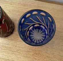 Load image into Gallery viewer, 2 Small Cobalt Blue &amp; Cranberry Red Hand Cut To Clear Glass Tumbler Spirit Glass