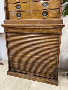 Stunning Antique Edwardian Amberg Oak Filing Cabinet With Roll Top Doors