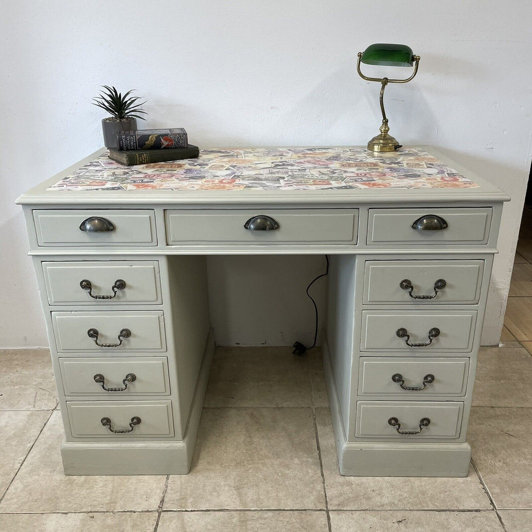 Small Antique Victorian Pedestal Partners Desk In Farrow and Ball Bone