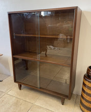 Load image into Gallery viewer, Small Mid Century Dark Stained Teak Glazed Bookcase Display Cabinet