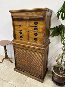 Stunning Antique Edwardian Amberg Oak Filing Cabinet With Roll Top Doors