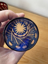 Load image into Gallery viewer, 2 Small Cobalt Blue &amp; Cranberry Red Hand Cut To Clear Glass Tumbler Spirit Glass