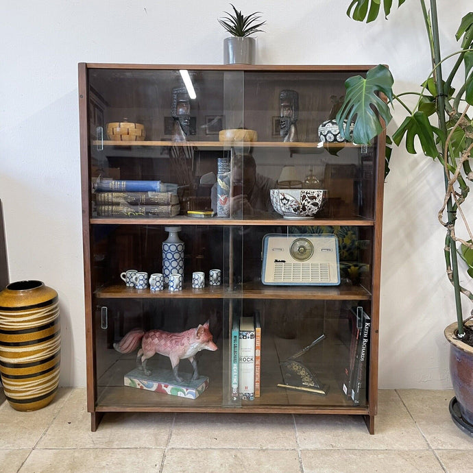 Unusual Mid Century Glazed Sloping Bookcase Display Cabinet