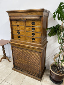 Stunning Antique Edwardian Amberg Oak Filing Cabinet With Roll Top Doors