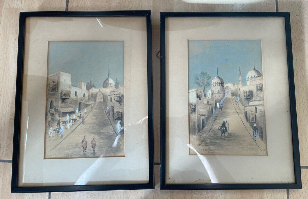 2x Vintage Drawings Watercolours Of Cairo? Street J P Davidson 1935