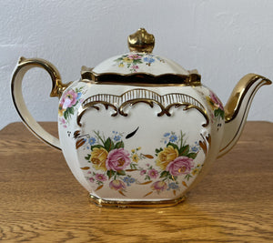 Sadler England Princess Cube Teapot Pink and Yellow Roses with Gold Trim #2657