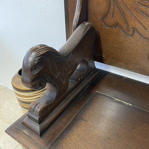 Vintage Oak Monks Bench Chest Table Hall Seat With Lion Carvings