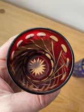 Load image into Gallery viewer, 2 Small Cobalt Blue &amp; Cranberry Red Hand Cut To Clear Glass Tumbler Spirit Glass