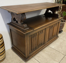 Load image into Gallery viewer, Vintage Oak Monks Bench Chest Table Hall Seat With Lion Carvings