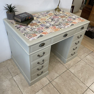 Small Antique Victorian Pedestal Partners Desk In Farrow and Ball Bone