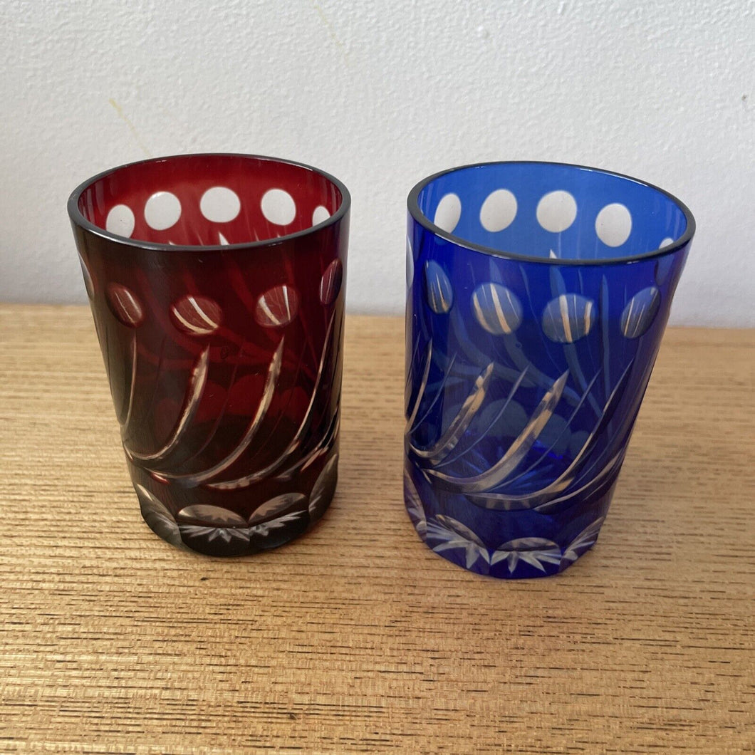 2 Small Cobalt Blue & Cranberry Red Hand Cut To Clear Glass Tumbler Spirit Glass