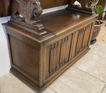 Load image into Gallery viewer, Vintage Oak Monks Bench Chest Table Hall Seat With Lion Carvings