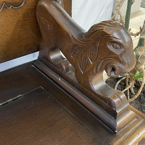 Vintage Oak Monks Bench Chest Table Hall Seat With Lion Carvings