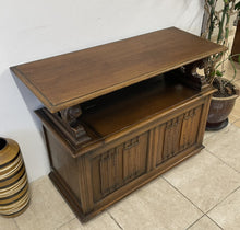 Load image into Gallery viewer, Vintage Oak Monks Bench Chest Table Hall Seat With Lion Carvings